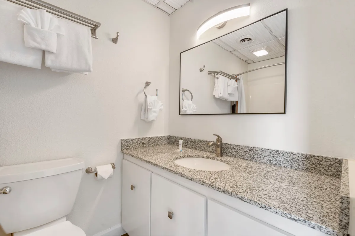 A pristine, modern bathroom with a granite countertop, large mirror, sink, toilet, and neatly arranged towels, evoking a sense of calm and freshness—ideal for moments of relaxation and self-care.